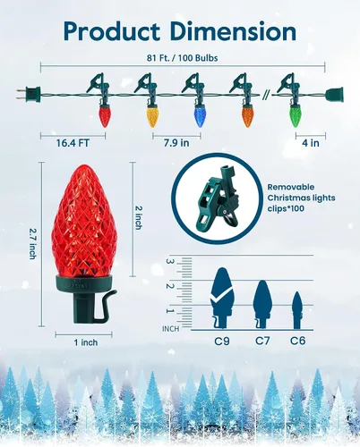 Vista 4 de Minetom Luces LED C9 de Navidad para exteriores, 81 pies, 100 luces LED con clips rápidos, extensibles, impermeables, decoraciones de Navidad al