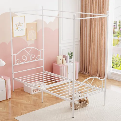 Vista 4 de Weehom - Estructura de cama con dosel individual, con cabecero y pie de cama, cortinas de cuatro postes de metal, diseño de plataforma de cama