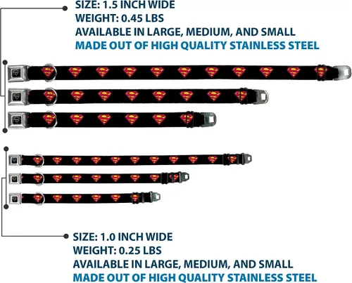Vista 3 de Buckle-Down Collar de perro con hebilla de cinturón de seguridad, Superman Shield negro, 1 pulgada de ancho, se adapta a cuello de 9 a 15 pulgadas