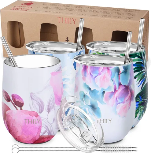 Vista 4 de THILY Paquete de 4 vasos de vino de acero inoxidable con aislamiento al vacío con tapas deslizantes y pajitas, 12 onzas, mantiene el frío para jugo