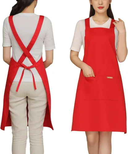 Vista 22 de NEWGEM Delantal 100% algodón con espalda cruzada para mujer con 2 bolsillos, correas de botón ajustables, sin dolor de cuello, delantal de chef