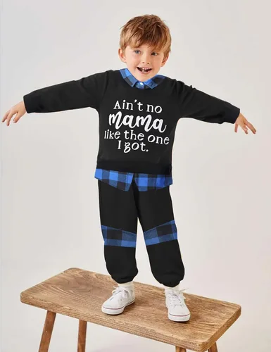 Vista 2 de Conjunto de 2 piezas de ropa para niños pequeños, camisa a cuadros con estampado de letras y pantalones largos, 2 piezas para otoño e invierno