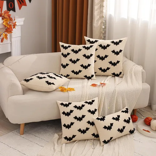 Vista 8 de Juego de 2 fundas de almohada de Halloween de 16 x 16 pulgadas con bordado de murciélagos 3D negros, fundas de almohada de Acción de Gracias, fundas