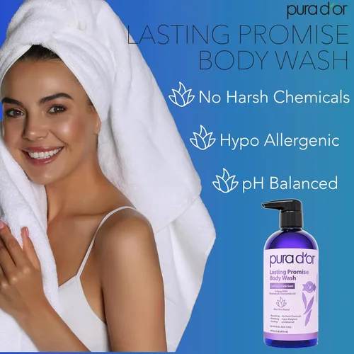 Vista 3 de PURA D'OR Gel de baño Promesa Duradera de 16 onzas – Aroma de lavanda calmante – Base de aloe vera, infundido con aceite de romero y manzanilla – pH
