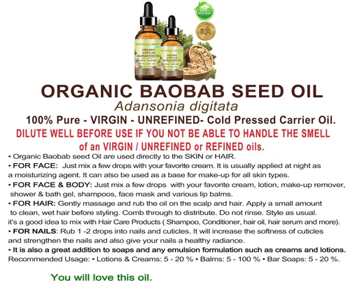 Vista 8 de Botanical Beauty Aceite de semilla de BAOBAB orgánico 100% puro y natural refinado aceite portador prensado en frío 0.5 fl oz 0.5 fl oz para cara