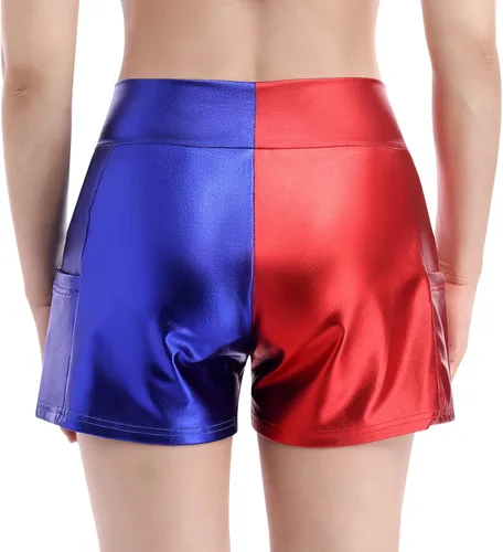 Vista 4 de Pantalones cortos de baile brillantes para mujer con frente en V cintura alta para yoga gimnasio fiesta de rave pantalones cortos con bolsillos
