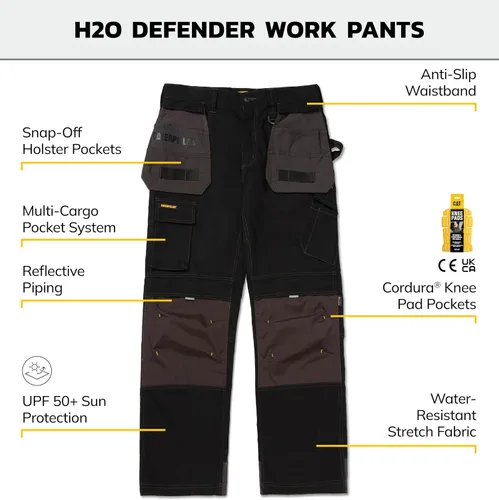 Vista 2 de CAT H2O Defender - Pantalones de trabajo resistentes al agua para hombre con rodillas reforzadas, bolsillo tipo cargo con fuelle y bolsas
