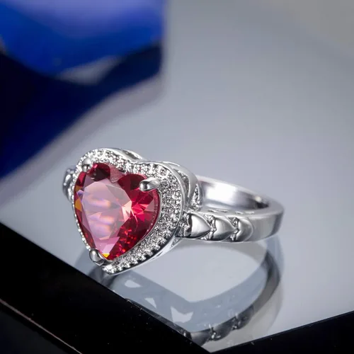 Vista 5 de Anillo de compromiso con circonita cúbica en forma de corazón rubí para mujer, joyería exquisita para aniversario