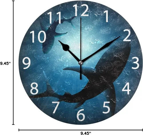 Vista 8 de senya Reloj de pared redondo de tiburones bajo el agua, pintura al óleo silenciosa sin tictac, decorativo para el hogar, oficina, escuela, reloj