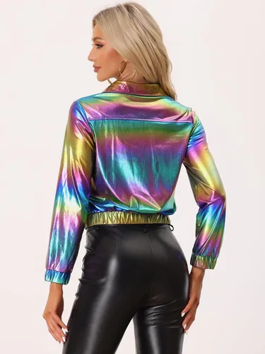 Vista 4 de Allegra K Chaqueta metálica holográfica brillante para mujer, manga larga, ligera, con cremallera