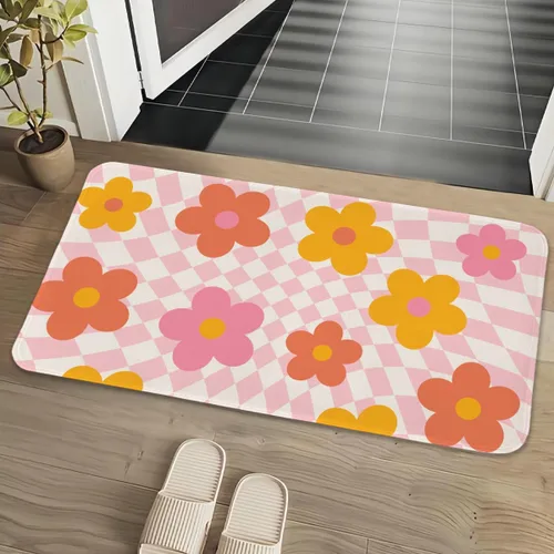 Vista 2 de EXUQO Tapete de puerta de flores, tapete delantero de flores rosas, tapetes retro de los años 70 para dormitorio de niñas, cocina, baño, felpudos