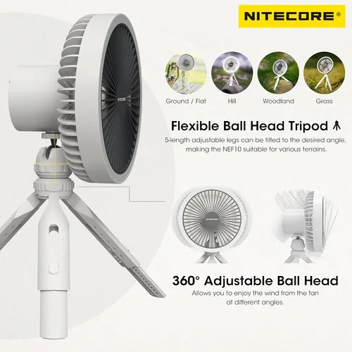 Vista 4 de Nitecore NEF10 Ventilador Eléctrico Portátil Multifuncional con Anillo de Luz LED, Trípode de Cabeza Flexible con Bola, Motor Sin Escobillas Gris