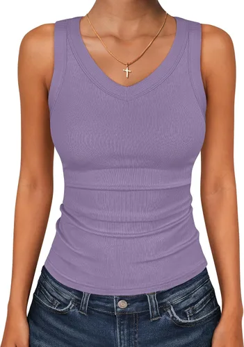 Vista 31 de ANRABESS Camisetas sin mangas para mujer, cuello en V, punto acanalado, ajustadas, sin mangas, básicas, ropa casual de verano 2026 Negro