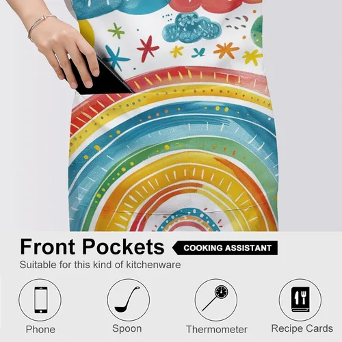 Vista 5 de MUSM Apron for Adults - 27.6 X 31.5 Inch, Heavy-Duty Polyester Aprons with Two Large Pockets, Waterproof Rainbow Outline Art Kitchen Apron for