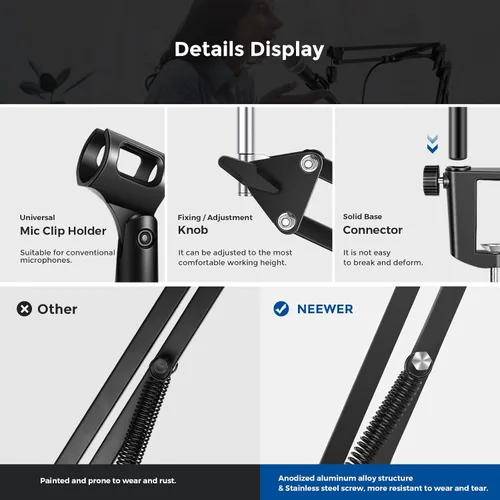 Vista 7 de Neewer: Micrófono ajustable de Suspension Boom Scissor Arm Stand, soporte de micrófono compacto de acero durable para estaciones de radio estudio