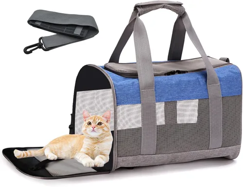 Vista 9 de Transportador de viaje para gatos, de lados suaves, ventilado, transpirable, plegable, transportador suave aprobado por aerolíneas para perros