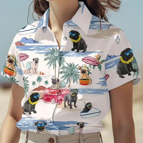Vista 5 de GEPOS Camisa hawaiana casual para amantes de los perros, unisex, camisa de manga corta con botones para dueños de mascotas para hombres y mujeres