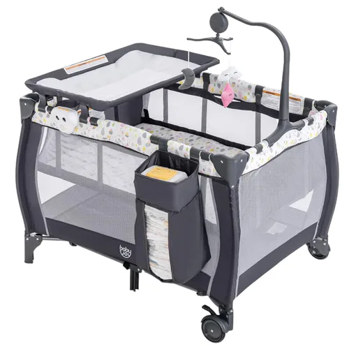 Vista 10 de Costzon 3 en 1 Rosa Pack and Play con Moisés, Corralito Portátil para Bebé con Mesa Cambiadora, Caja de Música, Juguetes Giratorios, Ruedas/Freno