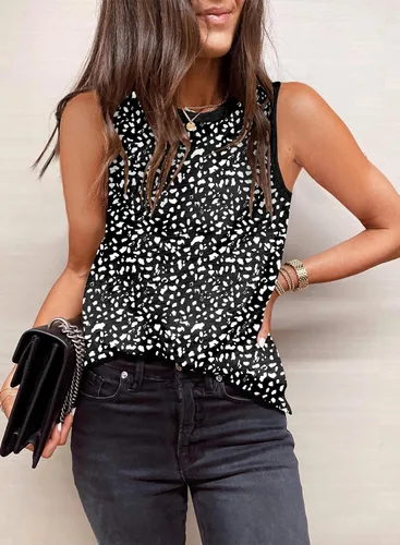Vista 2 de Dokotoo Camisetas sin mangas con estampado de leopardo para mujer, cuello redondo, sin mangas, para verano, estilo casual