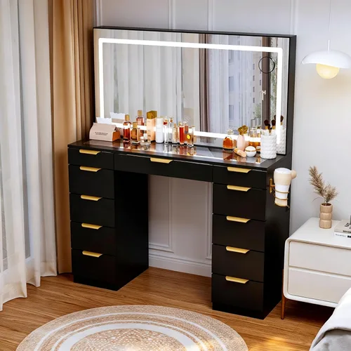 Vista 3 de Escritorio de tocador de cristal con espejo y luces, 11 cajones de maquillaje con taburete, 3 modos de iluminación con toma de corriente, asas