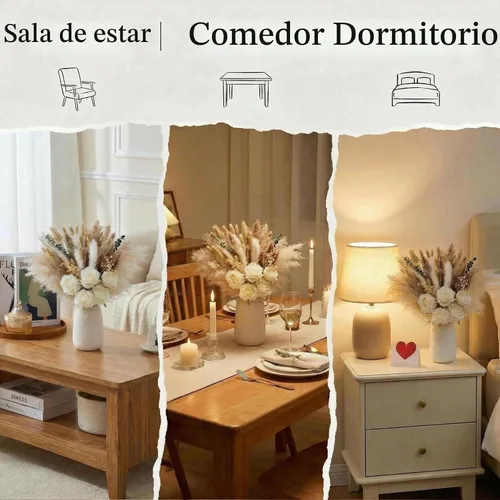 Vista 6 de 100 piezas de arreglo de flores artificiales con jarrón, rosas de seda artificiales en jarrón, decoraciones para mesa de café, pasto pampas seco