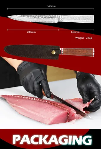Vista 4 de YOUSUNLONG Sashimi - Cuchillos para tallar de 8 pulgadas, cuchillos de sushi, acero de damasco martillado japonés, mango de madera de nogal natural