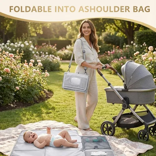 Vista 6 de Cambiador de pañales portátil grande – Cambiador de pañales plegable impermeable para bebé con bolsillos de almacenamiento y bolsa de toallitas