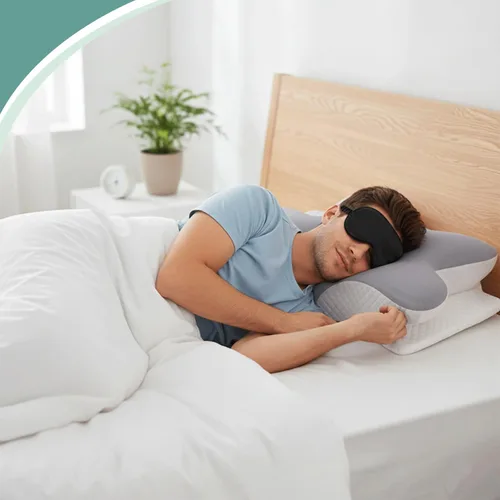 Vista 7 de Almohada cervical para aliviar el dolor de cuello – Almohada ergonómica de espuma viscoelástica con máscara para dormir, almohada ortopédica
