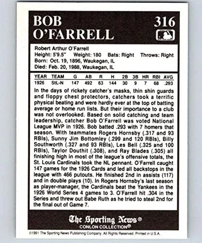 Vista 2 de 1991 Conlon Collection WITH MLB Logo Series One #316 Bob O'Farrell St. Louis Cardinals MVP Official MLB Trading Card From The Sporting News in Raw