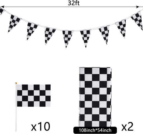 Vista 2 de Boao 13 piezas de decoraciones de fiesta a cuadros, 10 paquetes de banderas de carreras a cuadros en blanco y negro de 32 pies, 2 paquetes de fundas