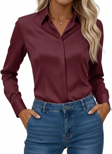 Vista 9 de Gleeivy Camisa con botones para mujer, solapa con botones ocultos, ligera, transpirable, resistente a las manchas, manga larga, trabajo e informal