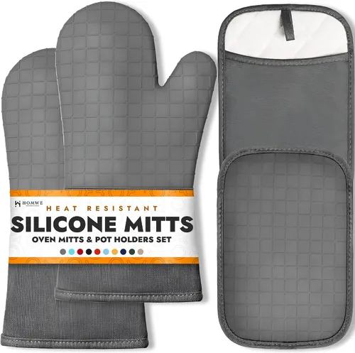 Vista 40 de HOMWE - Manopla de horno profesional y extralarga de silicona, guantes con forro acolchado, agarraderas resistentes al calor, guantes flexibles