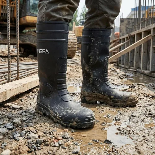 Vista 3 de HISEA Botas de lluvia para hombre con refuerzo de acero, botas de goma impermeables, botas de lluvia de PVC sin costuras, calzado protector Negro
