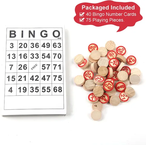 Vista 3 de Juego de Bingo Clásico, Juego de Bingo de Madera Incluye 40 Tarjetas de Números de Bingo y 75 Piezas de Ajedrez, Juego de Azar para Niños, Adultos