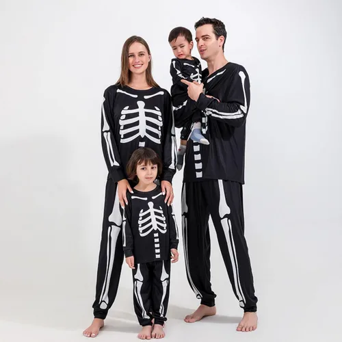 Vista 2 de Conjunto de pijamas familiares a juego de Halloween divertido conjunto de pantalones estampados de esqueleto, disfraz de Halloween y cosplay