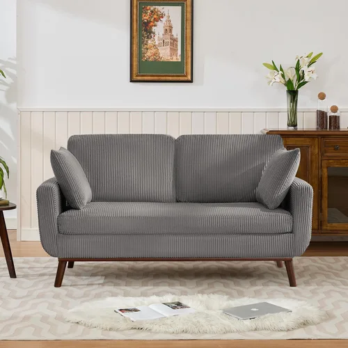 Vista 23 de Juegos de muebles de sala de estar, estándar y otomano, sofás de decoración moderna de mediados de siglo, muebles tapizados con botones, beige