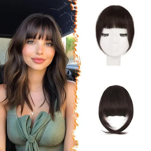 Vista 24 de BARSDAR Flequillo postizo de pelo humano real - Flequillo postizo 100% pelo humano para mujeres - Extensiones de flequillo ondulado castaño rojizo