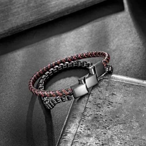 Vista 6 de murtoo Pulsera de cuero y acero, cadena de acero inoxidable y pulseras de cuero para hombre, Sin gemas.