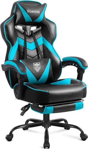 Vista 9 de Vonesse Silla para videojuegos, silla de juegos de respaldo alto con reposapiés y masaje, sillas de juegos para adultos con cojín de resorte