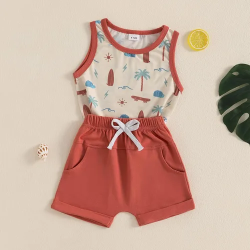 Vista 66 de Ropa de bebé niño sin mangas + pantalones cortos con estampado a rayas con bolsillos, 2 piezas de trajes de verano
