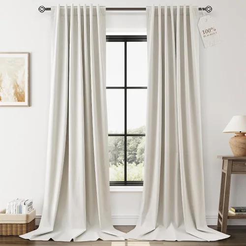 Vista 38 de Nanspring Cortinas de lino 100% opacas para dormitorio, 96 pulgadas de largo, con pestaña trasera, bolsillo para barra, aislamiento térmico, cortina