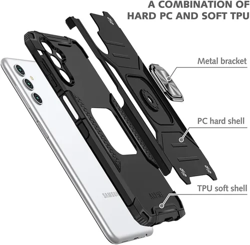 Vista 5 de HNHYGETE Funda para Samsung A13 5G, Galaxy A13 5G con protector de pantalla, soporte giratorio de grado militar de 360° (resistente), fundas Negro