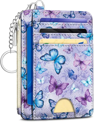 Vista 27 de Kelvoris Tarjetero pequeño para mujer, cartera delgada con bloqueo RFID, llavero con bolsillo para monedas con cremallera, bolsillo frontal