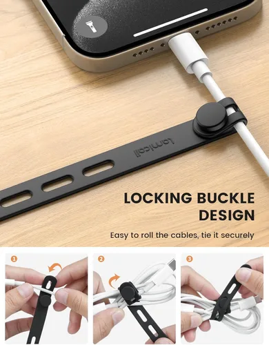 Vista 2 de Lamicall - Paquete de 10 bridas de silicona para cables, organizador de cables reutilizable duradero con hebilla de bloqueo, correas elásticas