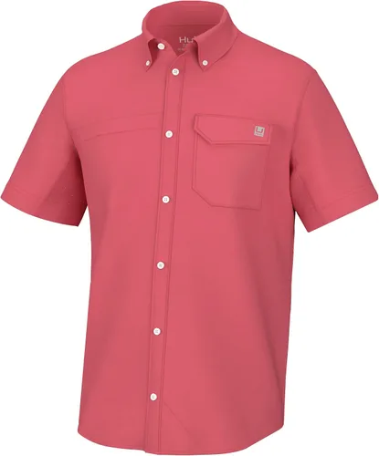 Vista 15 de HUK Men's Tide Point Kc Scott Original Artwork Short Sleeve Shirt, Fishing Button Down Negro
