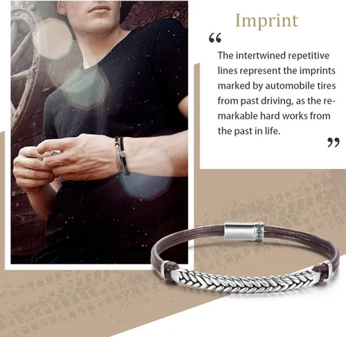 Vista 3 de Carleen Footprint - Pulsera de cuero genuino de plata de ley 925 para hombre cuerda trenzada dije inspirador aniversario día de San Valentín regalo