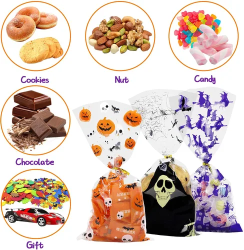 Vista 4 de 150 bolsas de golosinas de Halloween, bolsas de celofán de Halloween con lazos giratorios para suministros de fiesta de Halloween
