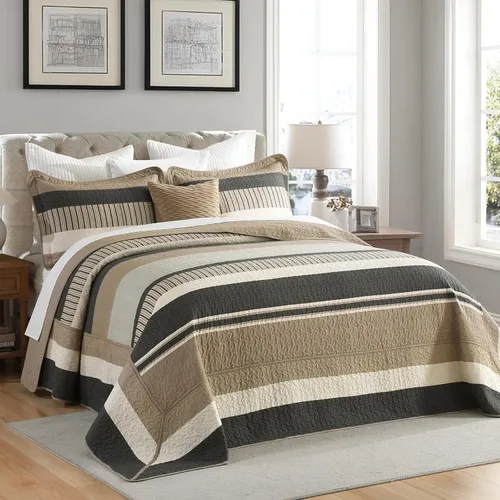 Vista 9 de Finlonte Colcha tamaño Queen, 100% algodón, cubrecamas de gran tamaño, tamaño Queen, color marrón carbón, beige, acolchado, a rayas, estilo granja
