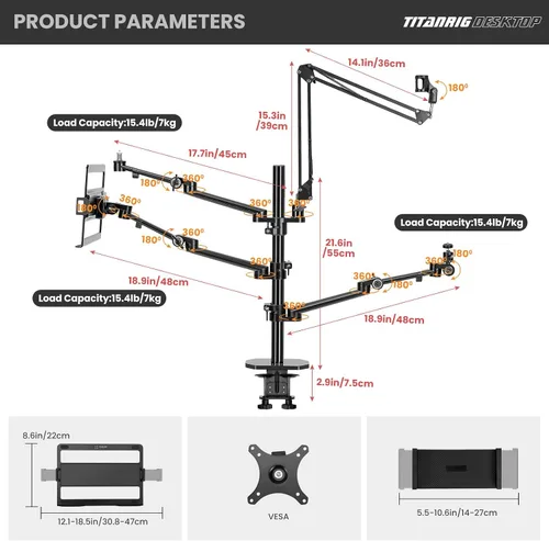 Vista 5 de TARION 4-en-1 Escritorio Live Stream Stand Arm Set Titanrig Live