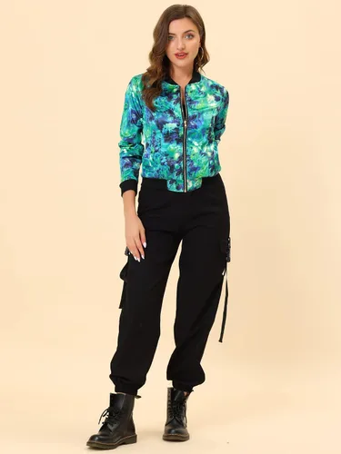 Vista 3 de Allegra K Campera abombada informal, con estampado floral, con cierre, con cuello levantado, de mangas largas, para mujer.